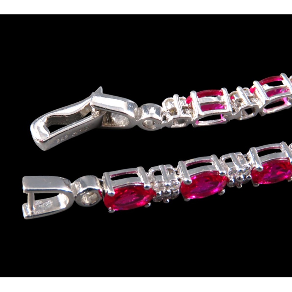 STERLING SILVER Tennis Bracelet FUCHSIA PINK SAPPHIRES Lab-Created w/Topaz Trim - Picture 6 of 9